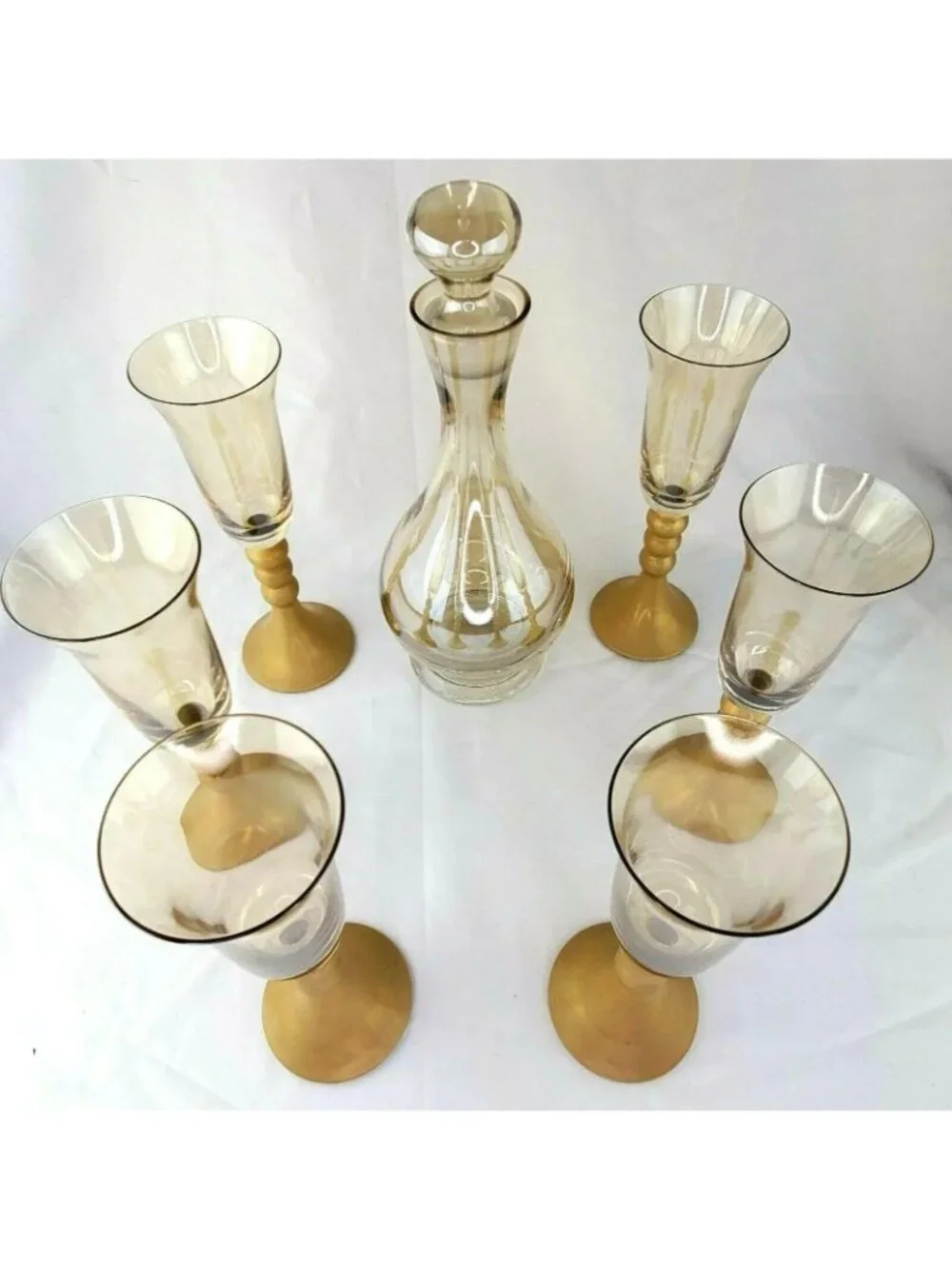 Late 20th Century Bombay Glass Decanter Set 6 Glasses Gold Frosted Stems Made in